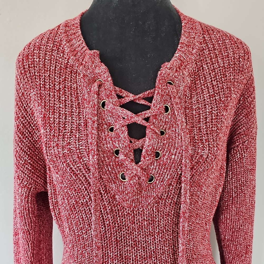 Madewell Marled Ribbed Lace-Up  Sweater.